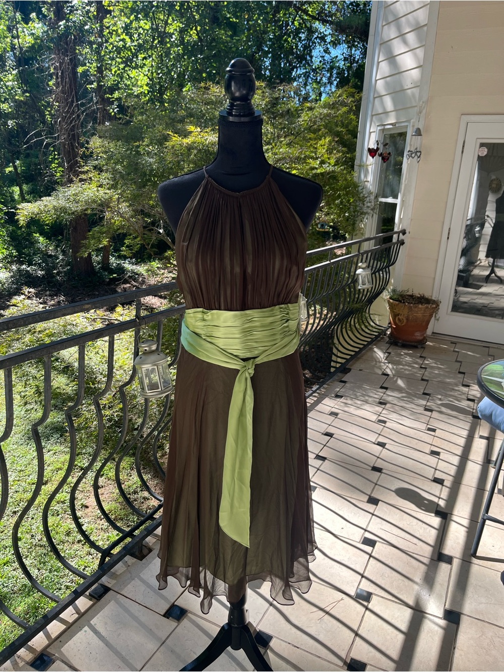 Maggy London Brown Chiffon Halter Dress with Light Green Sash. Size 14.